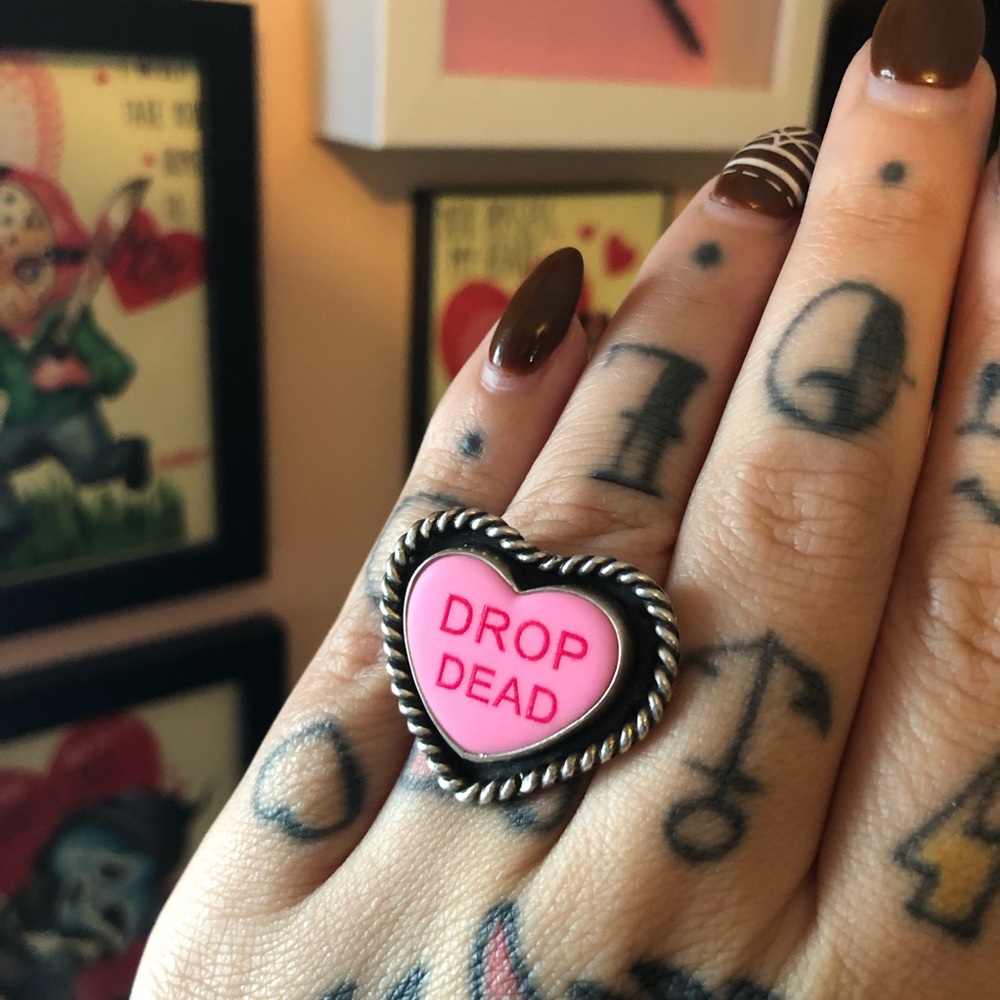 Handmade silver Heart 'DROP DEAD' Pink Statement Ring